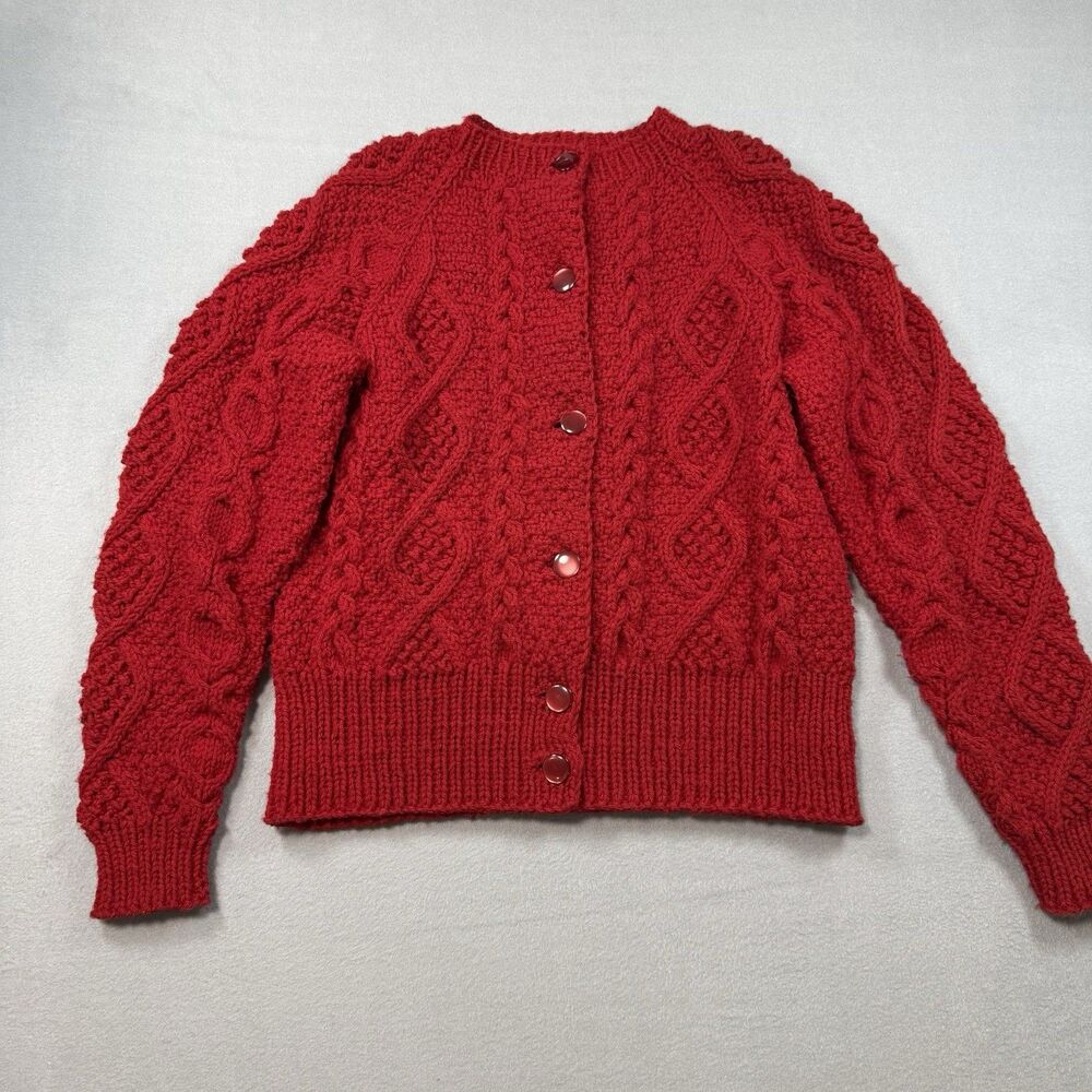 Red Cable Knit Cardigan Sweater Chunky Handmade Style No Tags Women’s